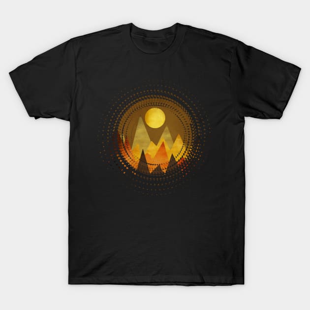 Black t-shirt with abstract mountain and sun graphic, casual wear, cotton material, ideal for outdoor enthusiasts.