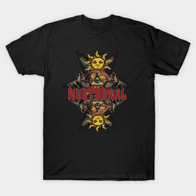 Black T-shirt with vibrant celestial and snake graphic design, featuring "Nocturnal" text, casual wear, cotton blend.