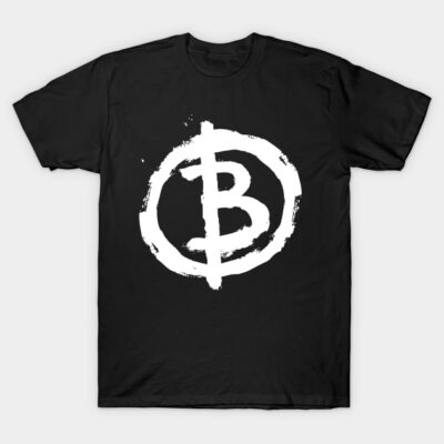 Black graphic t-shirt with bold white Bitcoin symbol, casual style, perfect for cryptocurrency enthusiasts, cotton material.