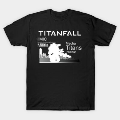 Black graphic T-shirt featuring "Titanfall" text and silhouette design, perfect for gaming enthusiasts. Cotton material.