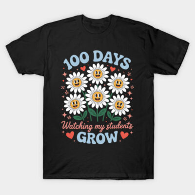 Black t-shirt with colorful "100 Days Watching My Students Grow" floral design, perfect for teachers or school events.