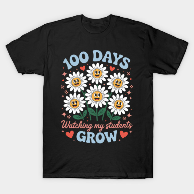 Black t-shirt with colorful "100 Days Watching My Students Grow" floral design, perfect for teachers or school events.