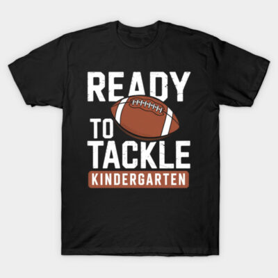 Black T-shirt with "Ready to Tackle Kindergarten" text and football graphic, perfect for school or casual wear.