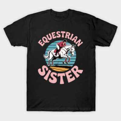 Black "Equestrian Sister" T-shirt featuring a horse rider graphic, perfect for horse enthusiasts, casual wear.