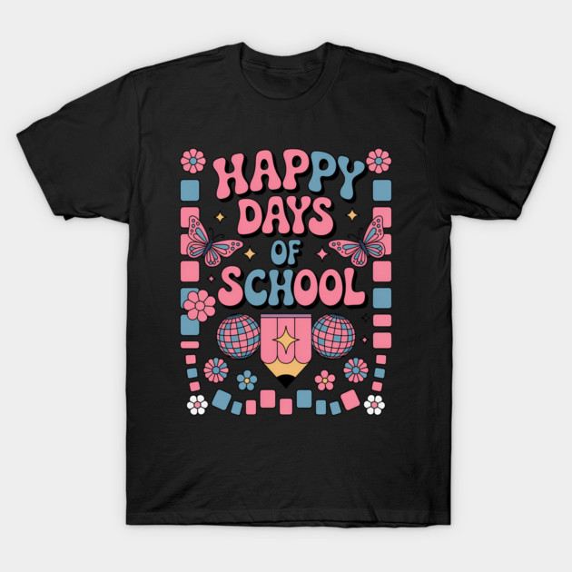 Black "Happy Days of School" t-shirt with colorful retro design, featuring butterflies, flowers, and geometric shapes.