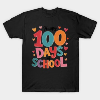 Black "100 Days of School" T-shirt with colorful text and heart design, perfect for celebrating school milestones.