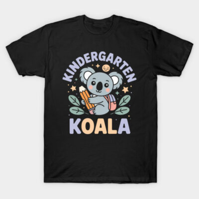 Black t-shirt with cute koala design, "Kindergarten Koala" text, featuring pastel colors, ideal for kids' casual wear.