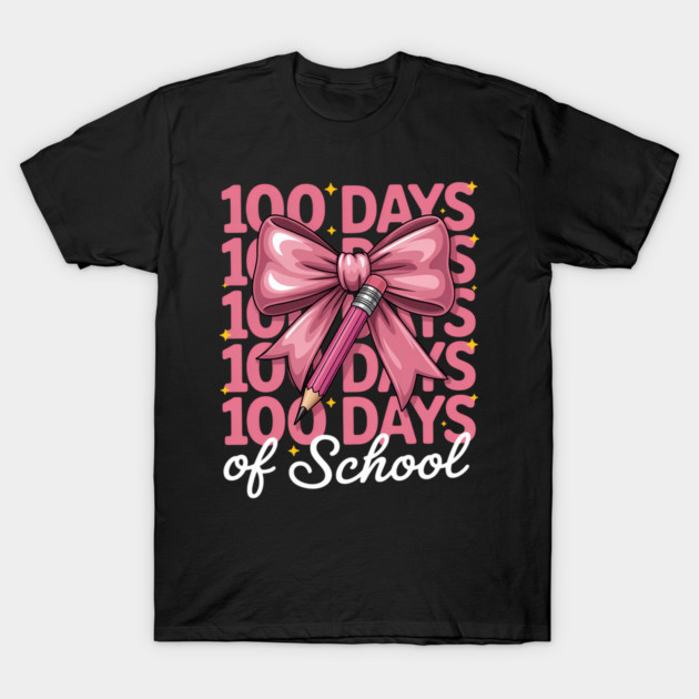 Black T-shirt with "100 Days of School" design, featuring pink bow and pencil graphic, perfect for school celebrations.