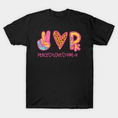 Black t-shirt with colorful "Peace Love Pre-K" design, featuring peace sign, heart, and letter graphic. Perfect for teachers.