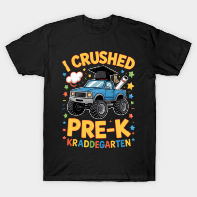 Black t-shirt with colorful "I Crushed Pre-K" monster truck design, perfect for preschool graduation celebration.