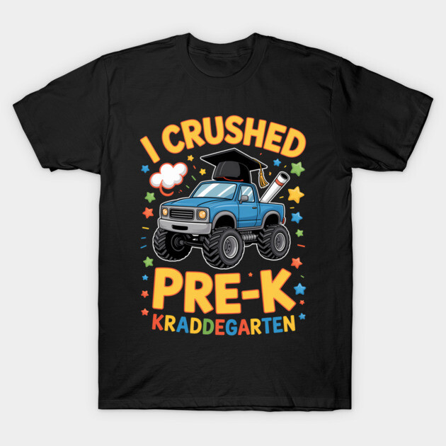 Black t-shirt with colorful "I Crushed Pre-K" monster truck design, perfect for preschool graduation celebration.