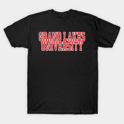 Black "Grand Lakes University" T-shirt with bold red text, casual style, perfect for everyday wear.