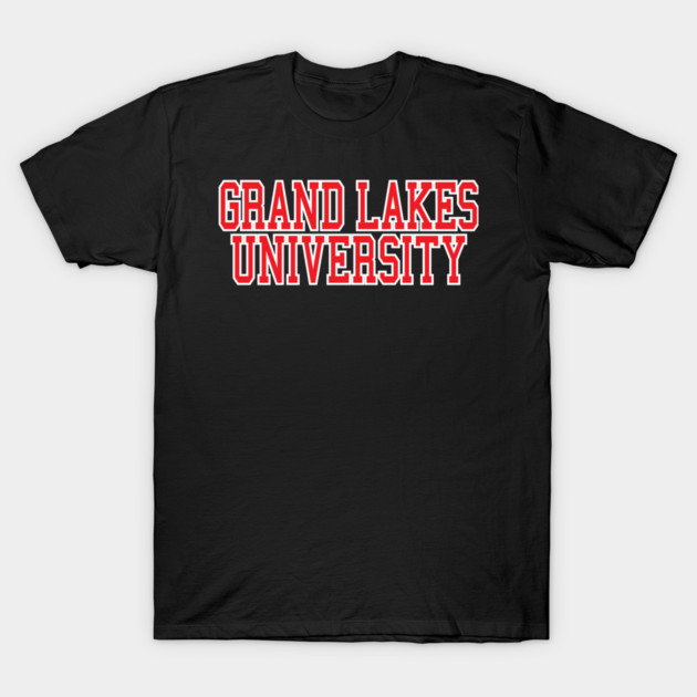 Black "Grand Lakes University" T-shirt with bold red text, casual style, perfect for everyday wear.
