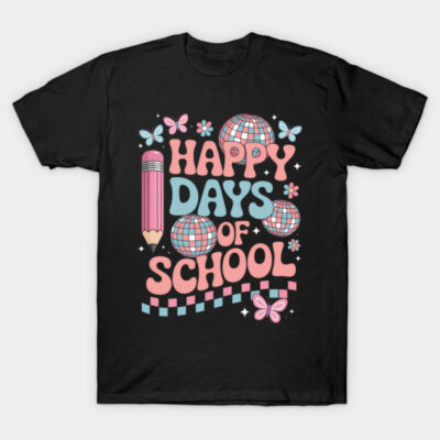 Black "Happy Days of School" T-shirt with colorful retro design, featuring pencils and butterflies, perfect for back-to-school.