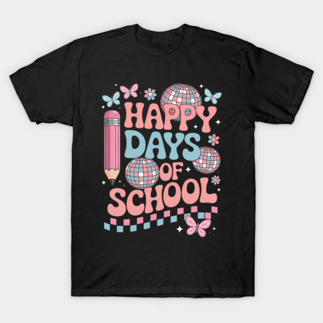 Black "Happy Days of School" T-shirt with colorful retro design, featuring pencils and butterflies, perfect for back-to-school.