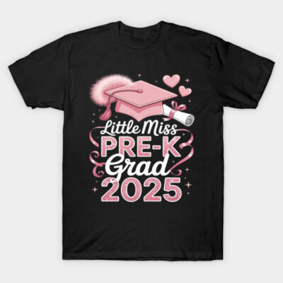 Black "Little Miss Pre-K Grad 2025" T-shirt with pink graduation cap and diploma design for preschool graduates.