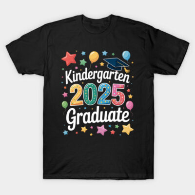 Black "Kindergarten 2025 Graduate" T-shirt with colorful stars and balloons, ideal for celebrating milestones.
