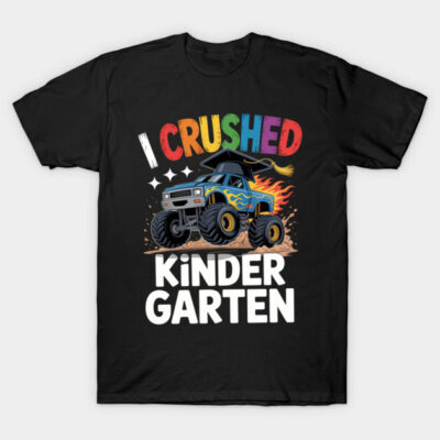 Black T-shirt with colorful "I Crushed Kindergarten" text and monster truck graphic, cotton material.