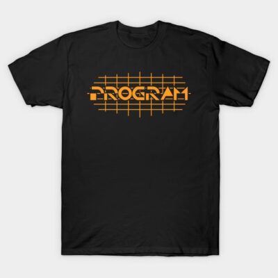 Black t-shirt with orange "Program" graphic design, casual unisex style, 100% cotton, perfect for everyday wear.