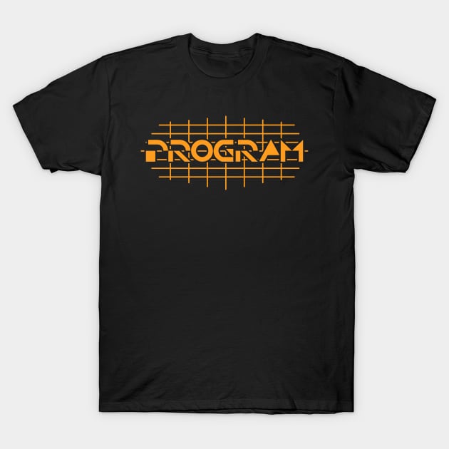 Black t-shirt with orange "Program" graphic design, casual unisex style, 100% cotton, perfect for everyday wear.