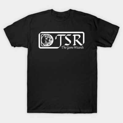 Black cotton t-shirt with white "TSR The Game Wizards" logo, perfect for gaming enthusiasts and casual wear.