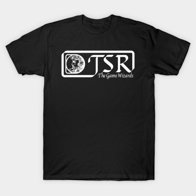 Black cotton t-shirt with white "TSR The Game Wizards" logo, perfect for gaming enthusiasts and casual wear.