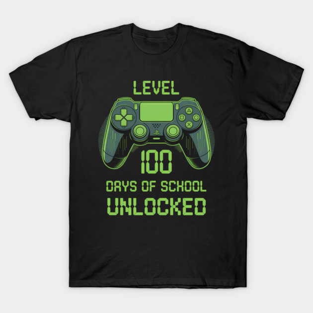 Black gaming-themed t-shirt with "Level 100 Days of School Unlocked" text in green, featuring a game controller graphic.