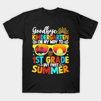 Black t-shirt with colorful "Goodbye Kindergarten, Hello 1st Grade" summer design, perfect for kids' graduation celebration.