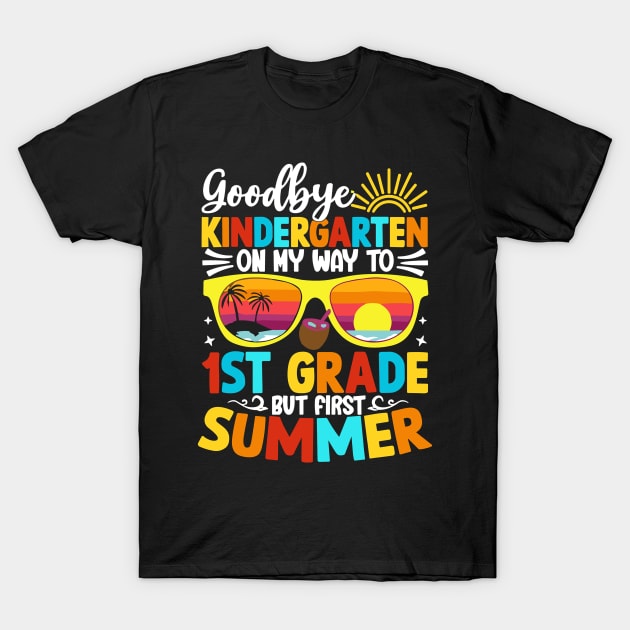 Black t-shirt with colorful "Goodbye Kindergarten, Hello 1st Grade" summer design, perfect for kids' graduation celebration.