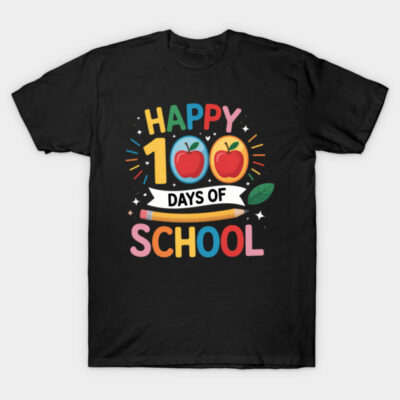 "Black t-shirt with colorful 'Happy 100 Days of School' graphic, featuring apples and pencil design, cotton material."