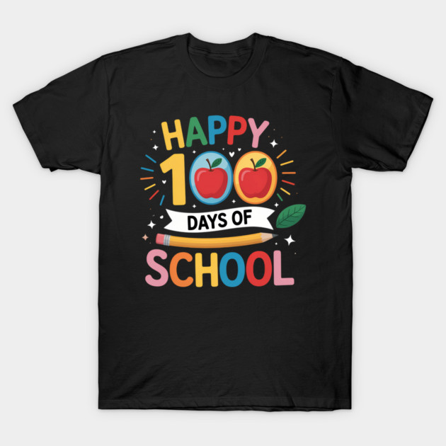"Black t-shirt with colorful 'Happy 100 Days of School' graphic, featuring apples and pencil design, cotton material."
