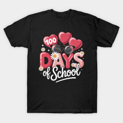 Black t-shirt with "100 Days of School" design, featuring red hearts, glasses, and daisies. Fun school celebration wear.