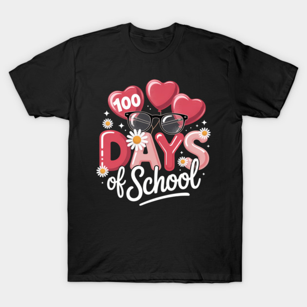 Black t-shirt with "100 Days of School" design, featuring red hearts, glasses, and daisies. Fun school celebration wear.