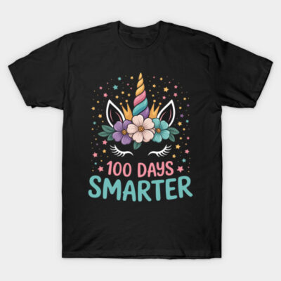 Black "100 Days Smarter" unicorn t-shirt with colorful flowers and stars, perfect for celebrations and casual wear.