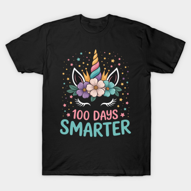 Black "100 Days Smarter" unicorn t-shirt with colorful flowers and stars, perfect for celebrations and casual wear.