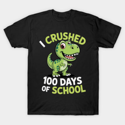 Black t-shirt with "I Crushed 100 Days of School" text and green cartoon dinosaur graphic, perfect for school milestones.