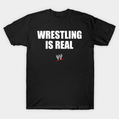 Black T-shirt with "Wrestling Is Real" text, casual style, soft cotton material, perfect for sports fans.