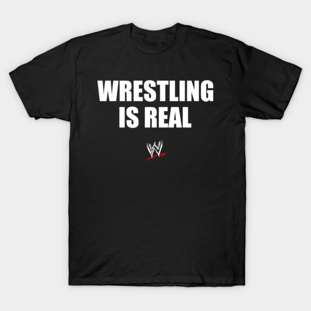 Black T-shirt with "Wrestling Is Real" text, casual style, soft cotton material, perfect for sports fans.