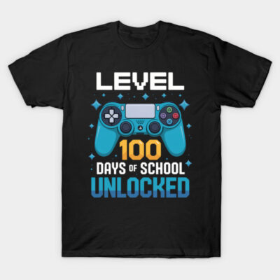 Black T-shirt with "Level 100 Days of School Unlocked" gaming controller design, perfect for school celebrations.
