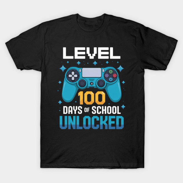 Black T-shirt with "Level 100 Days of School Unlocked" gaming controller design, perfect for school celebrations.