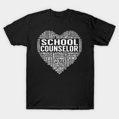 Black t-shirt with "School Counselor" heart design in white text, ideal for educators, cotton material.