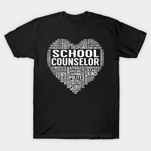 Black t-shirt with "School Counselor" heart design in white text, ideal for educators, cotton material.