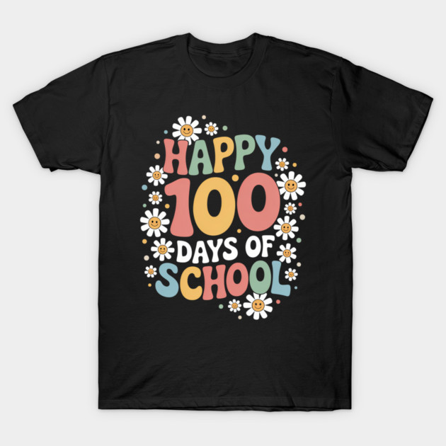 Black t-shirt with colorful "Happy 100 Days of School" design and daisy pattern, perfect for school celebrations.