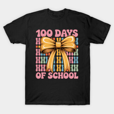 Black T-shirt with colorful "100 Days of School" design featuring a large yellow bow, ideal for school celebrations.