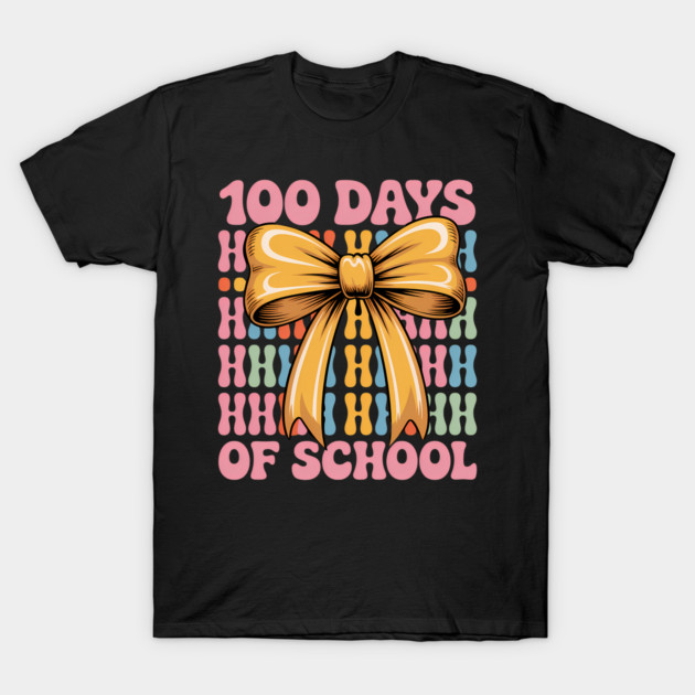 Black T-shirt with colorful "100 Days of School" design featuring a large yellow bow, ideal for school celebrations.