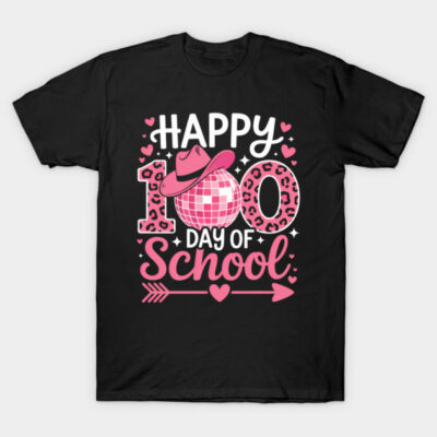 Black T-shirt with "Happy 100 Day of School" pink and leopard print design, ideal for school celebrations.