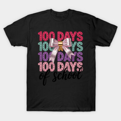 "Black t-shirt with '100 Days of School' colorful text and bow design, perfect for celebrating school milestones."