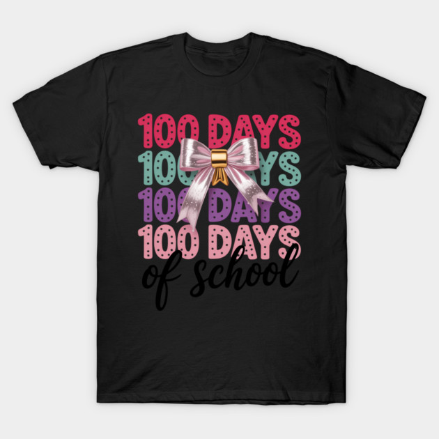 "Black t-shirt with '100 Days of School' colorful text and bow design, perfect for celebrating school milestones."