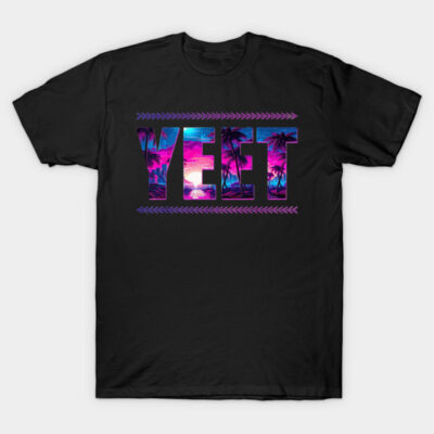 Black T-shirt with vibrant "YEET" graphic in purple and blue, perfect for casual wear.