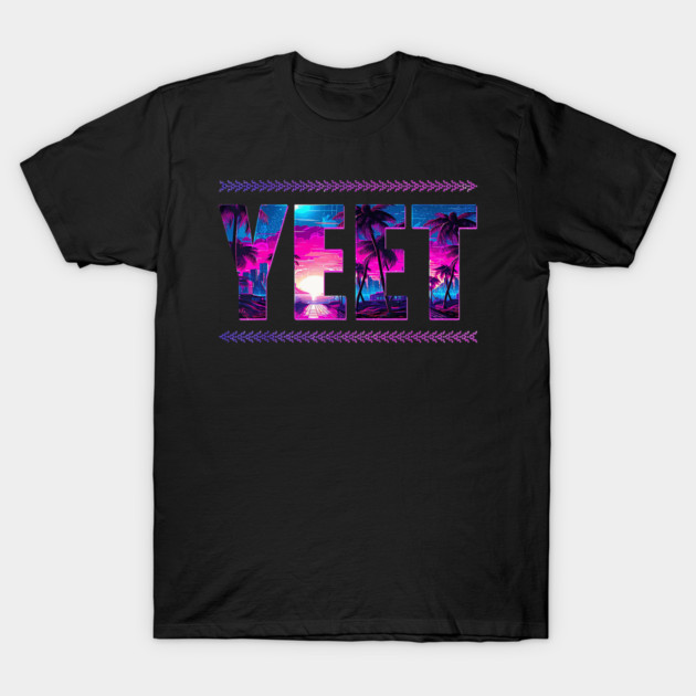 Black T-shirt with vibrant "YEET" graphic in purple and blue, perfect for casual wear.